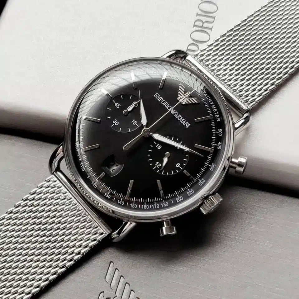 Emporio Armani AR11104 – Men’s Aviator Black Dial Stainless Steel Watch
