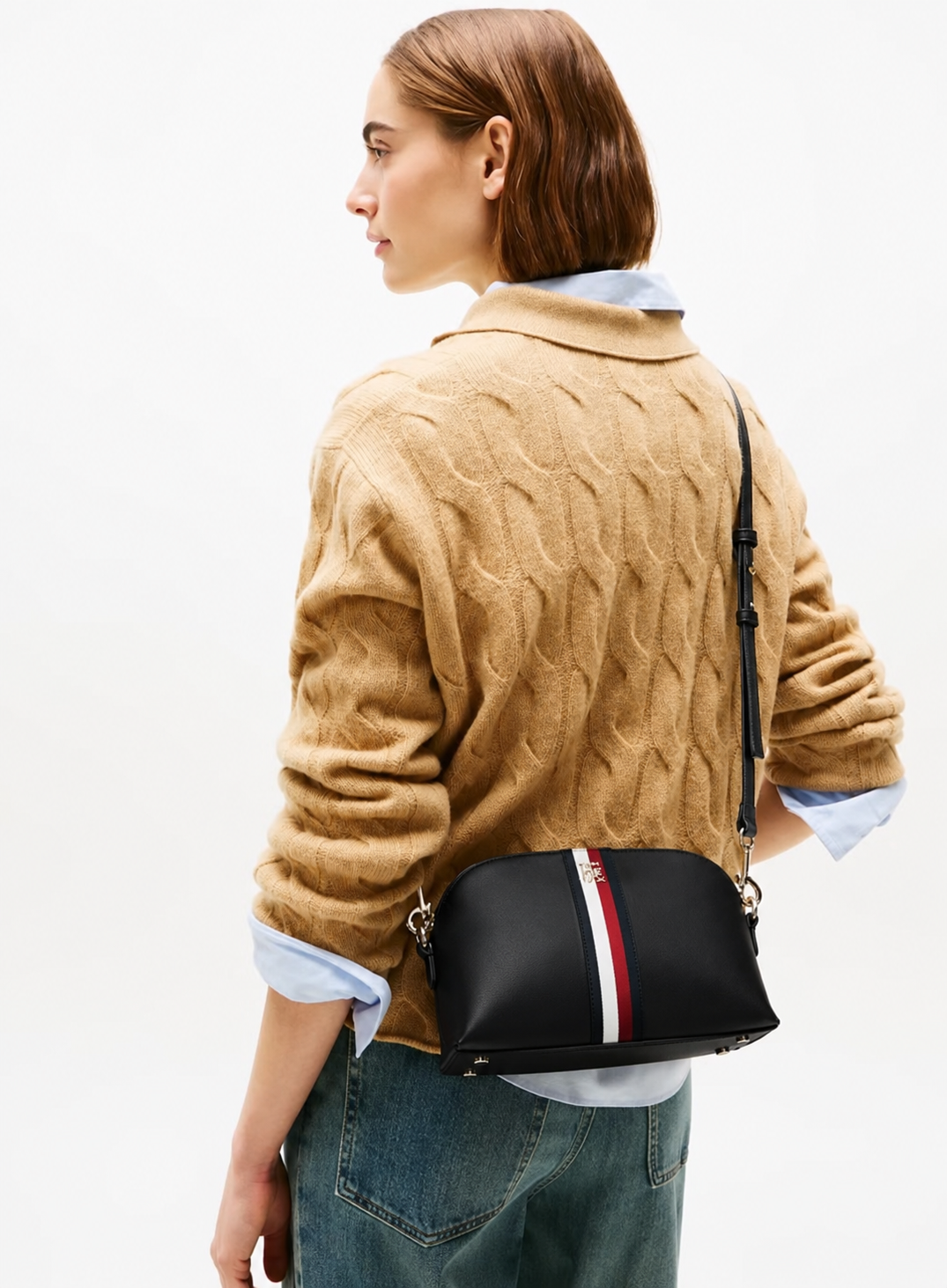 Tommy Hilfiger Women's Half-Moon Crossbody Bag – Black with Signature Stripe & Adjustable Shoulder Strap#05