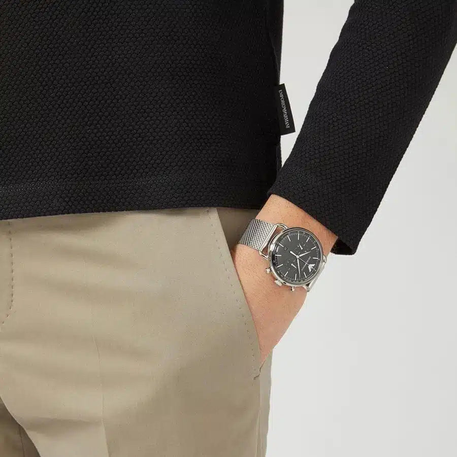 Emporio Armani AR11104 – Men’s Aviator Black Dial Stainless Steel Watch