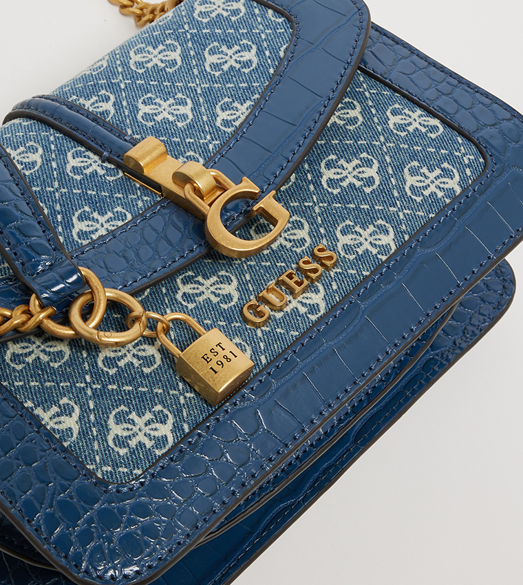 GUESS G James Convertible Crossbody Bag – Denim Blue with Croc-Effect Faux Leather