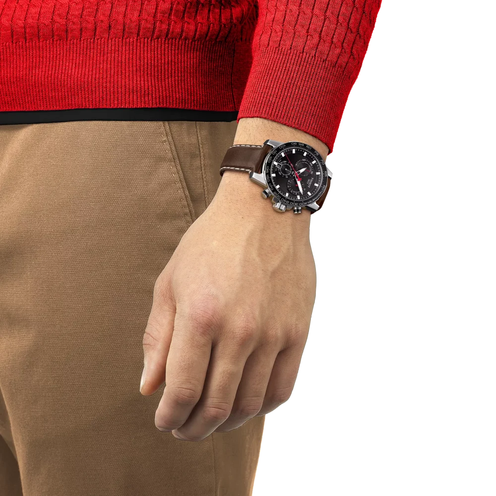 Tissot Supersport Chrono Men's Swiss Quartz Chronograph Watch T125.617.16.051.01 – 45.5 mm, Black Dial & Brown Leather Strap