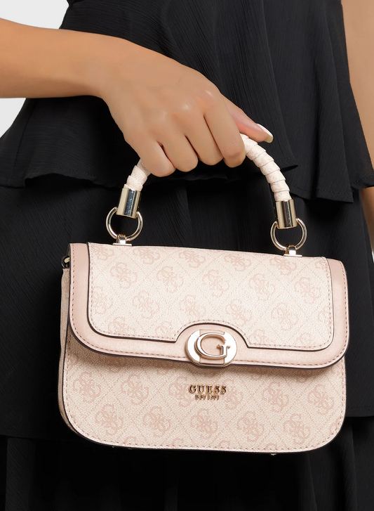 GUESS Orlina Logo Top Handle Flap Satchel – Sand Monogram Satchel
