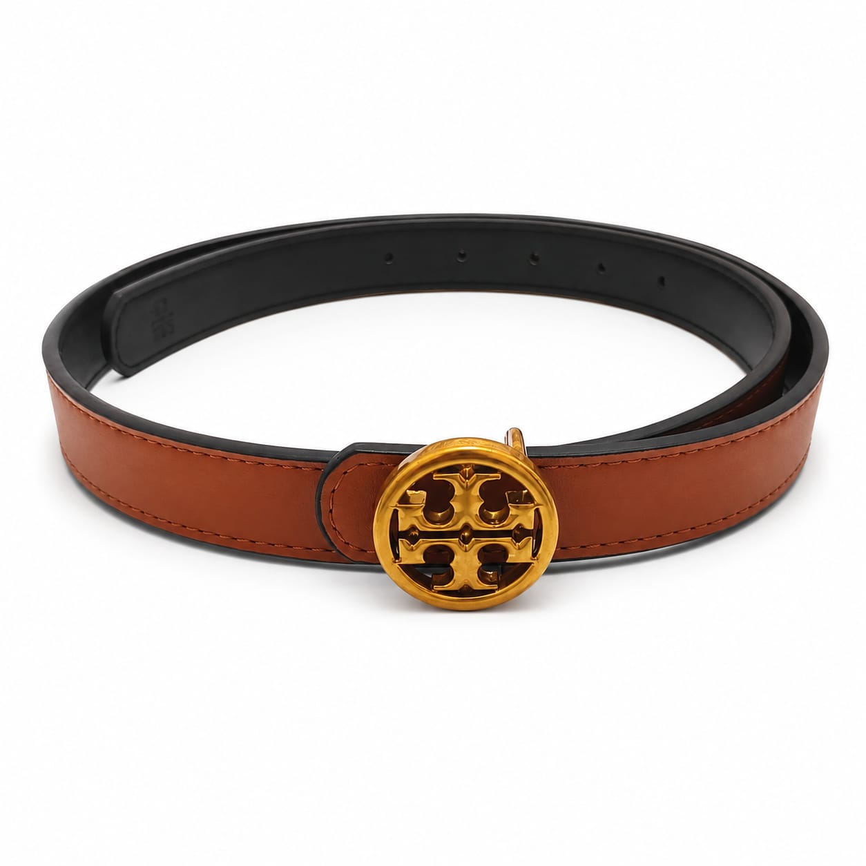 TORY BURCH Women's Reversible Premium Leather Belt with Gold Logo Buckle – Brown / Black#01