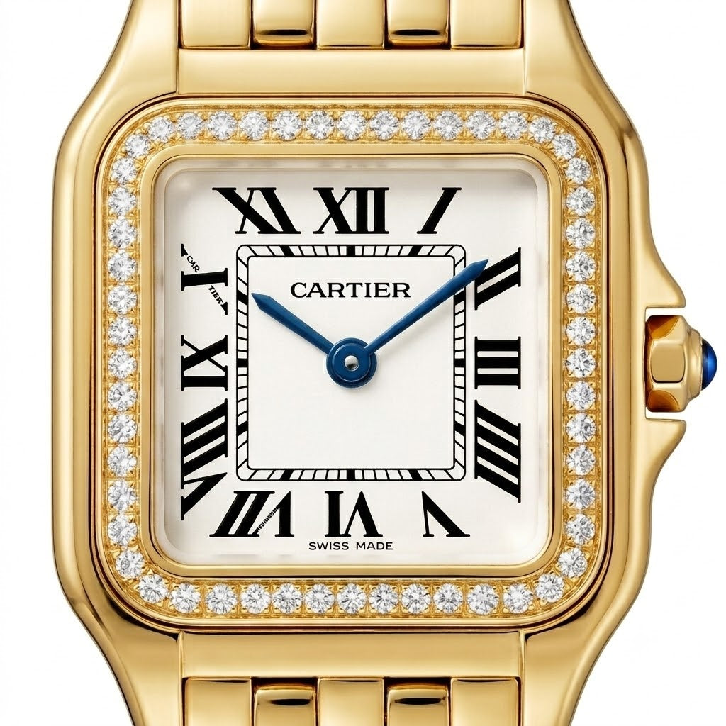 Cartier Panthère-Inspired Women’s Gold-Tone Square Watch with Stone-Set Bezel & White Dial (Extra Small Case) Dimensions: 25.1 × 18.5 mm