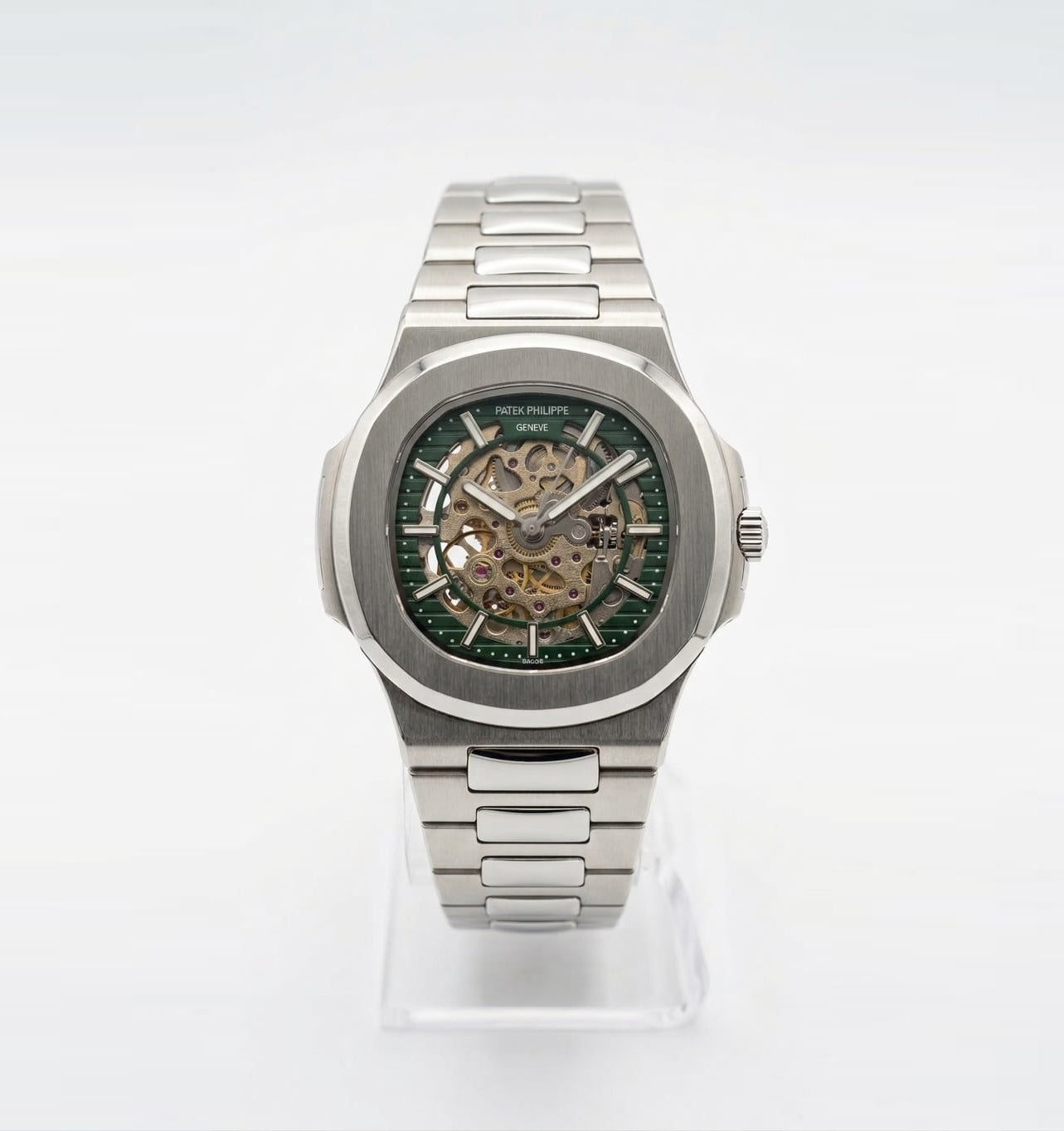 Luxury Nautilus-Inspired Skeleton Automatic Watch – Green Dial, Integrated Stainless Steel Bracelet