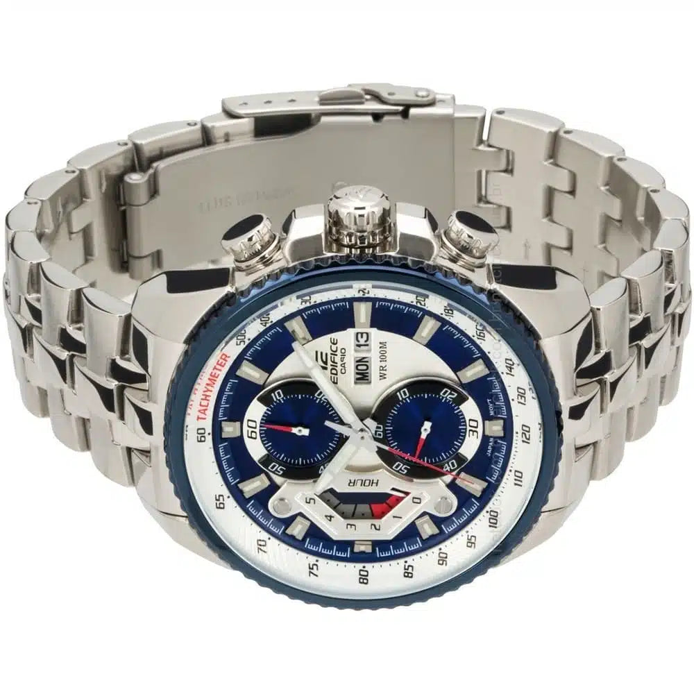 Casio Edifice EF-558D-2AV Chronograph Watch for Men – Blue Dial, Silver Stainless Steel Strap