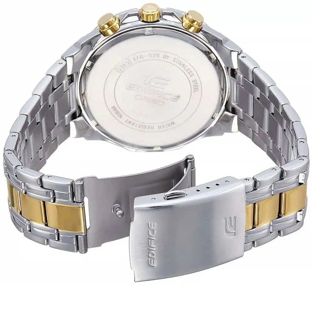 Casio Edifice Chronograph Watch for Men – Black Dial with Two-Tone Silver & Gold Stainless Steel Strap (EFR539SG-1A)