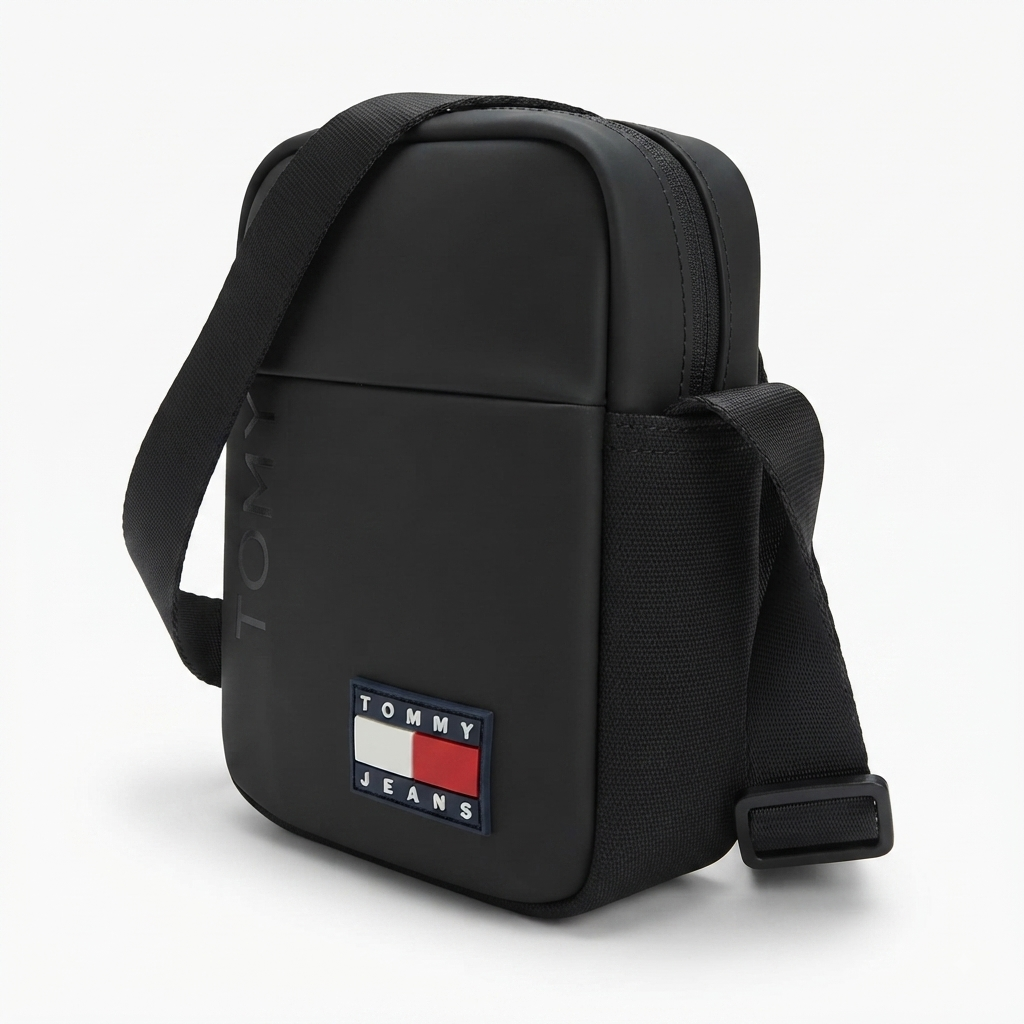 Tommy Jeans Men's Black Crossover Bag with Front Zip and Logo Patch #0080