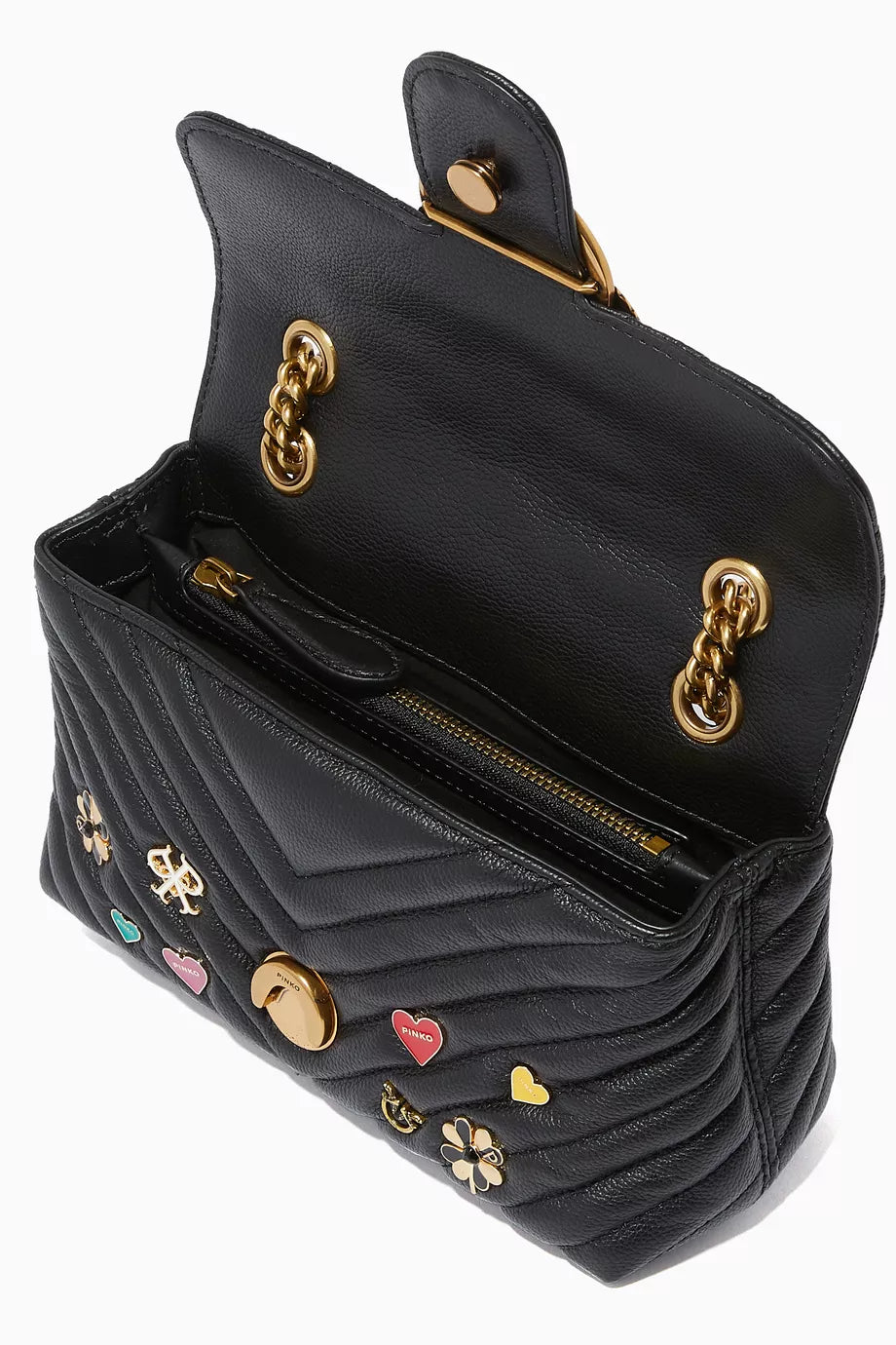 PINKO Women's Black Leather Shoulder & Crossbody Bag – Love Birds Buckle with Decorative Charm Design#07