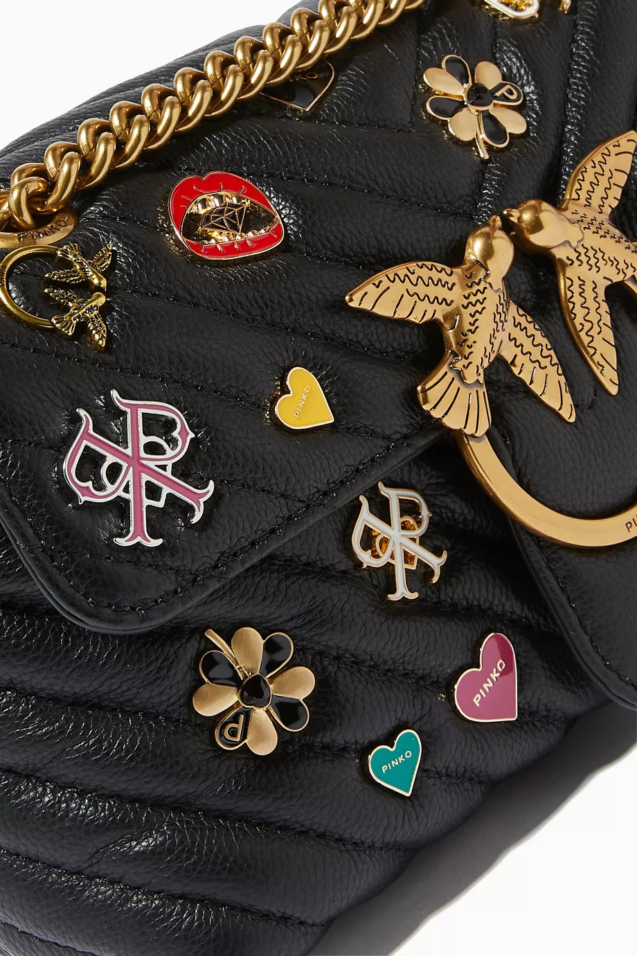 PINKO Women's Black Leather Shoulder & Crossbody Bag – Love Birds Buckle with Decorative Charm Design#07