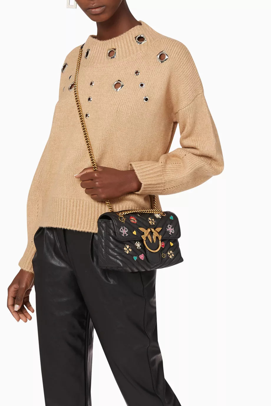 PINKO Women's Black Leather Shoulder & Crossbody Bag – Love Birds Buckle with Decorative Charm Design#07