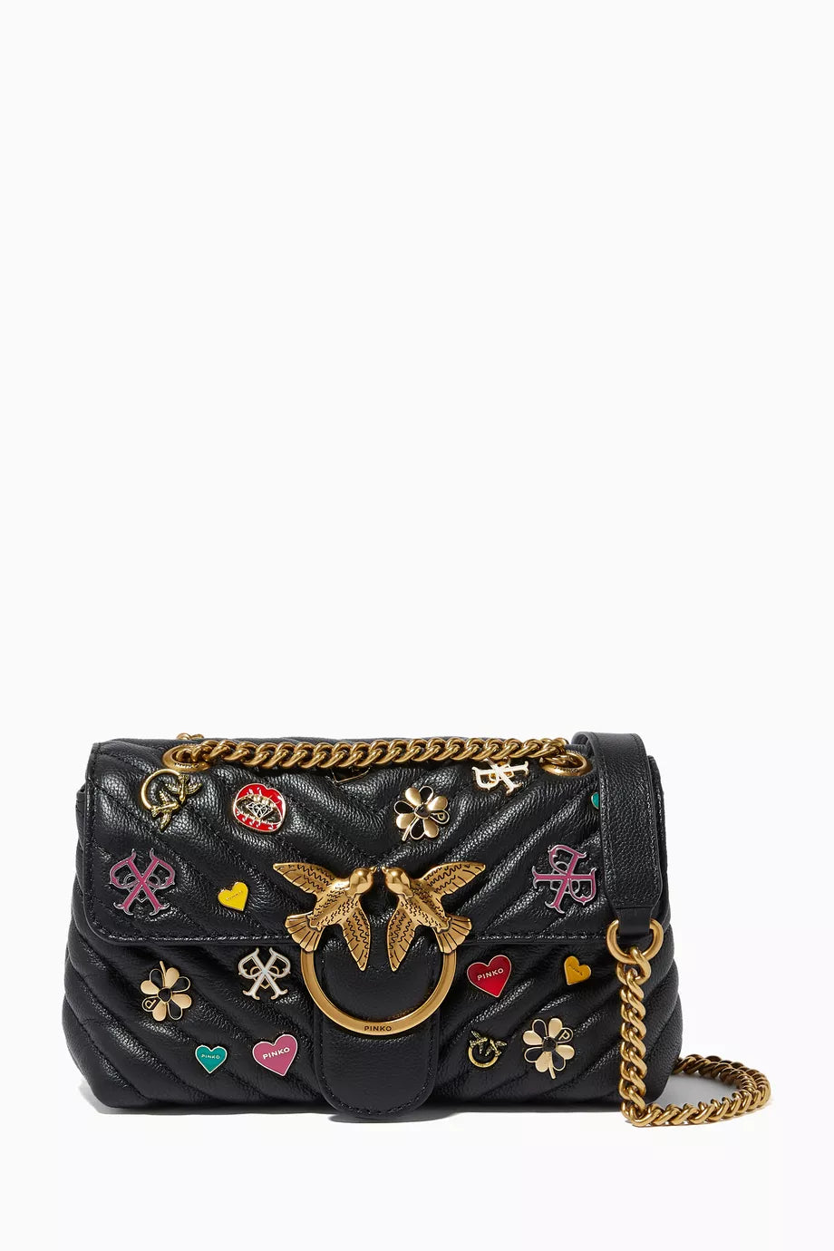 PINKO Women's Black Leather Shoulder & Crossbody Bag – Love Birds Buckle with Decorative Charm Design#07