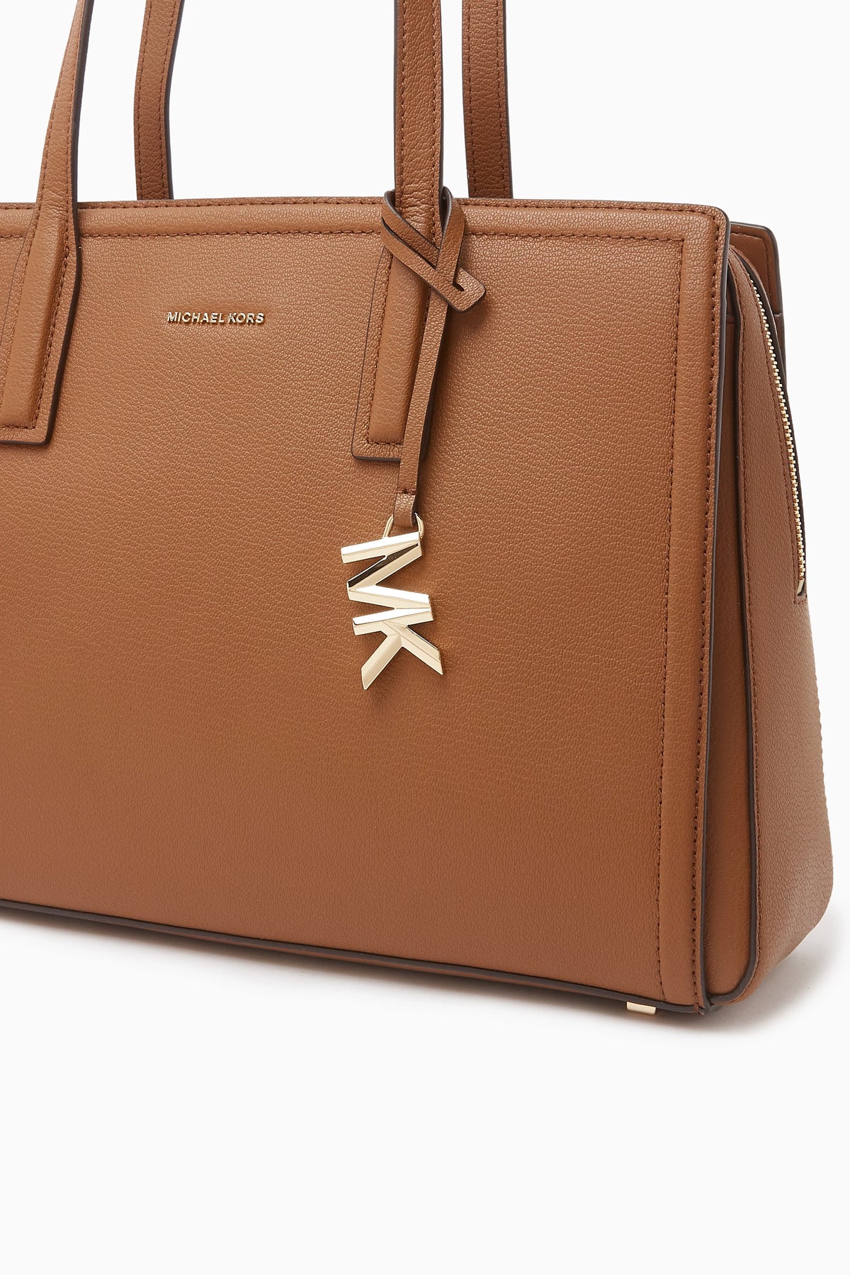 Michael Kors Brown Structured Leather Tote Bag with Gold MK Logo Charm #0068