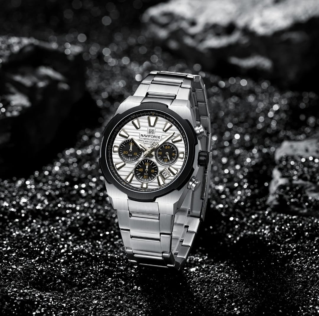 NAVIFORCE NF8081 S/W/S Men's Chronograph Watch, Silver Stainless Steel, White Dial