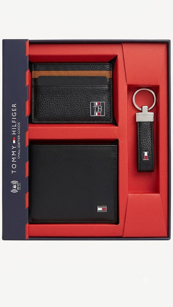 Tommy Hilfiger Men's Premium Gift Set – Leather Wallet, Card Holder & Keychain with RFID Protection#12C