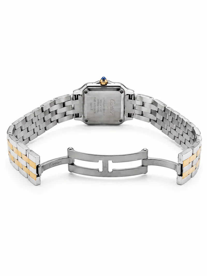 Cartier Panthère-Inspired Women’s Two-Tone Silver & Gold Square Watch with Burgundy Dial (Small Case) Dimensions: 25.1 × 18.5 mm