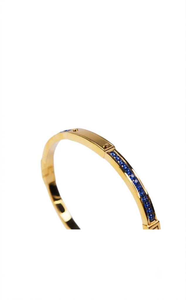 Women's Gold Stainless Steel Open Cuff Bracelet – Elegant Design with Blue High-Quality Glass Accents#023