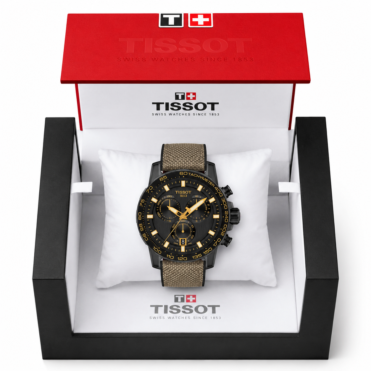 Tissot Supersport Chrono Men's Swiss Quartz Chronograph Watch T125.617.37.051.01 – 45.5 mm, Black Dial & Brown Textile-Leather Strap