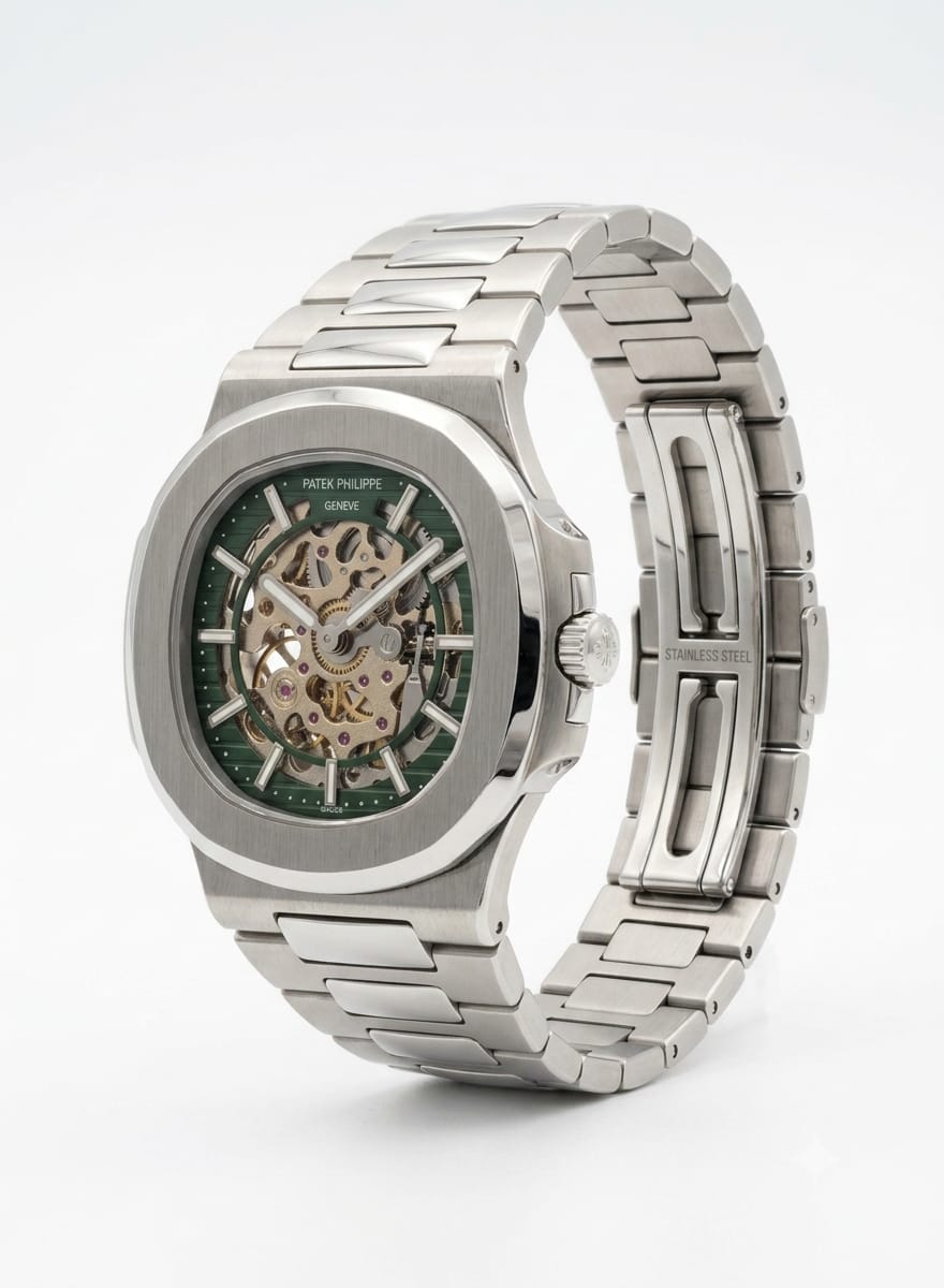 Luxury Nautilus-Inspired Skeleton Automatic Watch – Green Dial, Integrated Stainless Steel Bracelet