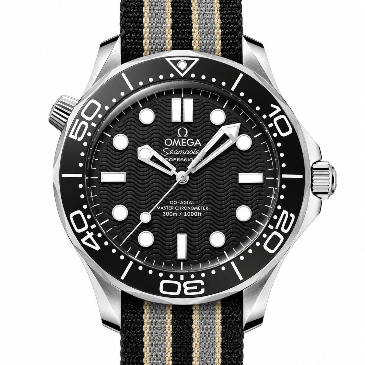 OMEGA Seamaster Diver 300M Men's Automatic Watch with Black Dial and Fabric Strap, 42mm