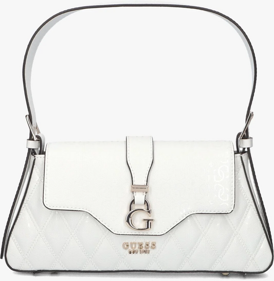 GUESS Adi Flap Shoulder Bag – White Quilted G-Logo PU