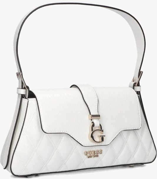 GUESS Adi Flap Shoulder Bag – White Quilted G-Logo PU