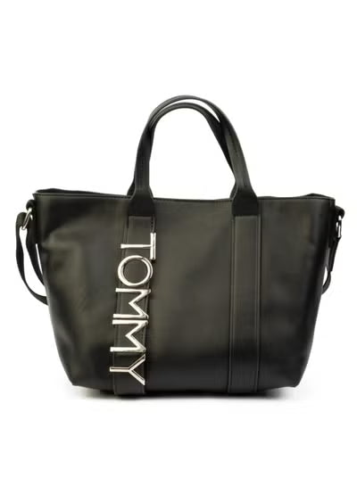 Tommy Hilfiger Black Statement Tote Bag – Iconic Metallic “TOMMY” Logo Large Women’s Handbag#81
