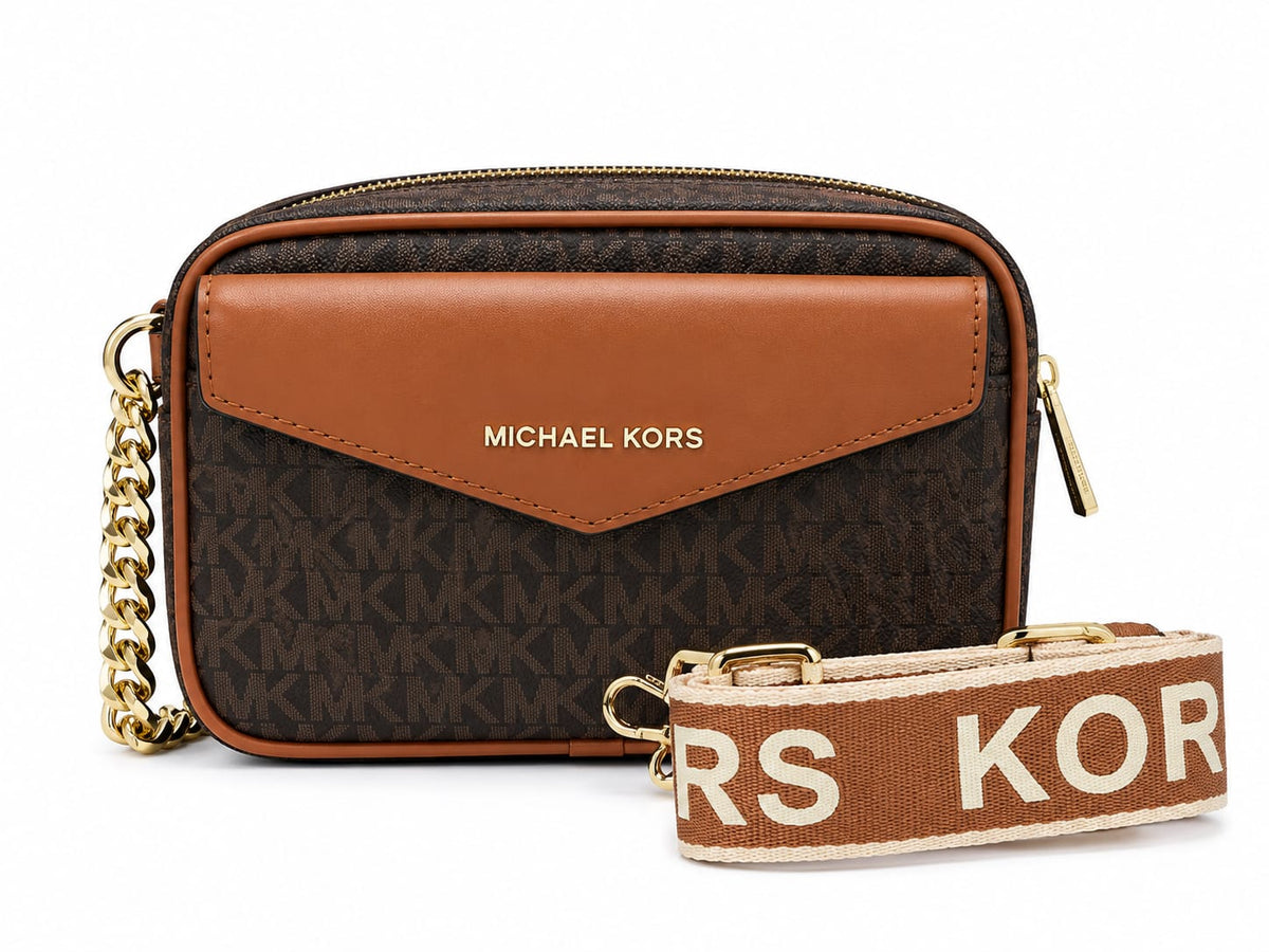 Michael Kors Women’s Brown Signature Monogram Crossbody Bag with Adjustable KORS Strap#0065