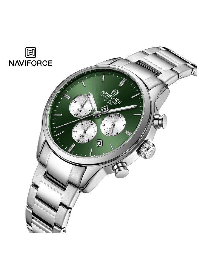 Naviforce NF-8076 Men’s Chronograph Watch – Green Dial with Silver Stainless Steel Strap – 42mm, Date, 3ATM Waterproof