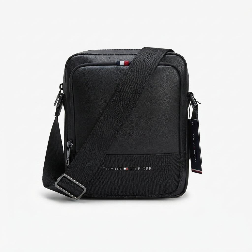Tommy Hilfiger Men's Black Crossover Messenger Bag with Branded Webbing Strap #0063