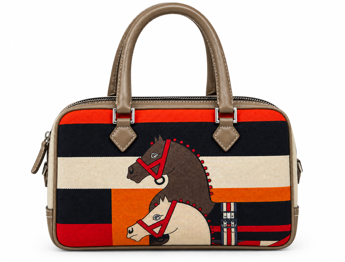 Women's Classic Equestrian Horse Print Geometric Striped Fashion Handbag#0003