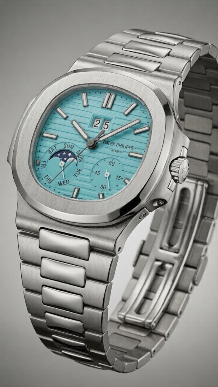 Luxury Nautilus-Style Stainless Steel Watch – Aqua Blue Dial, Multi-Function Display