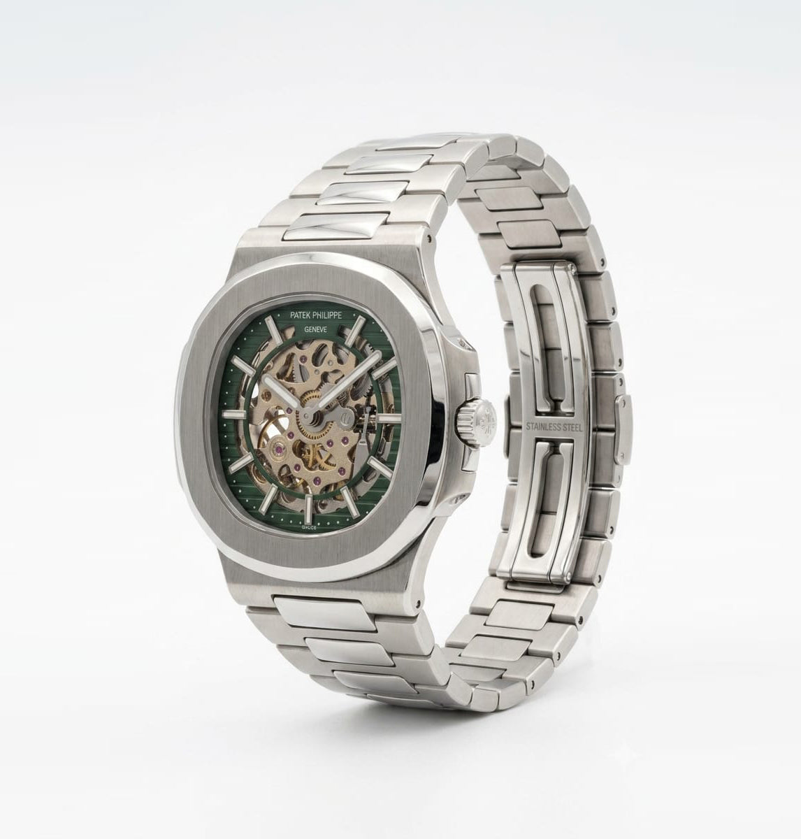 Luxury Nautilus-Inspired Skeleton Automatic Watch – Green Dial, Integrated Stainless Steel Bracelet