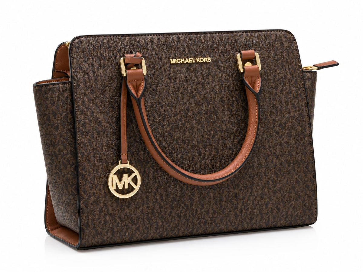 Michael Kors Women's Brown Signature Monogram Structured Tote Bag with Leather Handles#0038