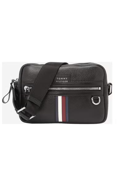 Tommy Hilfiger Men's Black Crossbody Bag – Textured Faux Leather with Adjustable Shoulder Strap#13-100