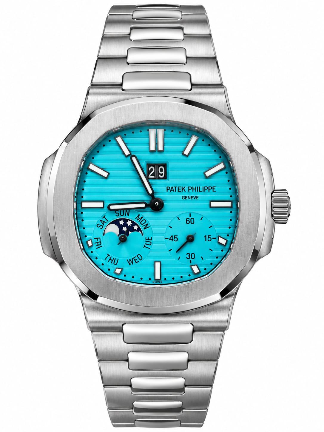 Patek Philippe Men's Stainless Steel Watch with Turquoise Dial, Multifunction Display and Date Calendar