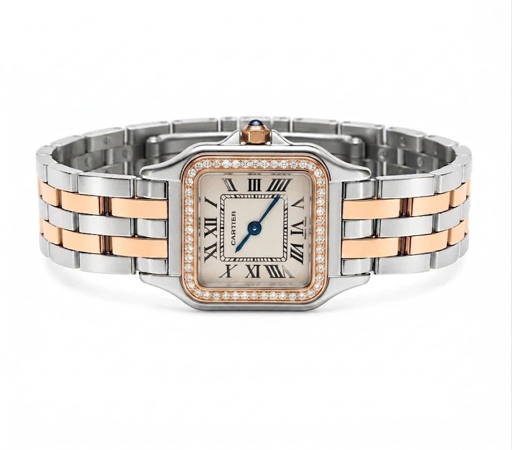 Cartier Women's Small Square Two-Tone Stainless Steel Watch with Silver Dial & Rose Gold Accents Dimensions: 25.1 × 18.5 mm