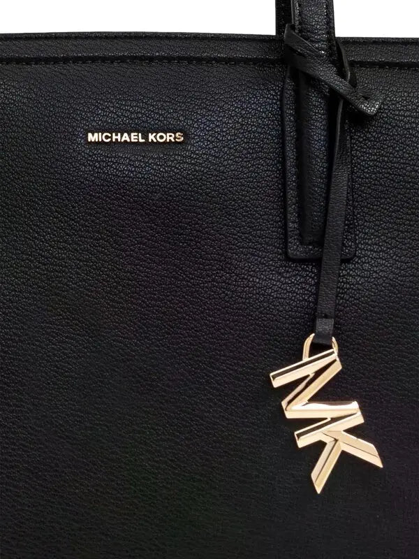 Michael Kors Black Structured Leather Tote Bag with Gold MK Logo Charm #0055