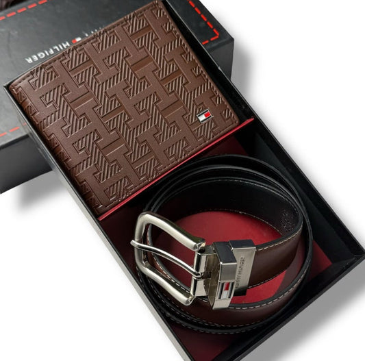 TH Brown Leather Wallet-Belt Set For Men 4#