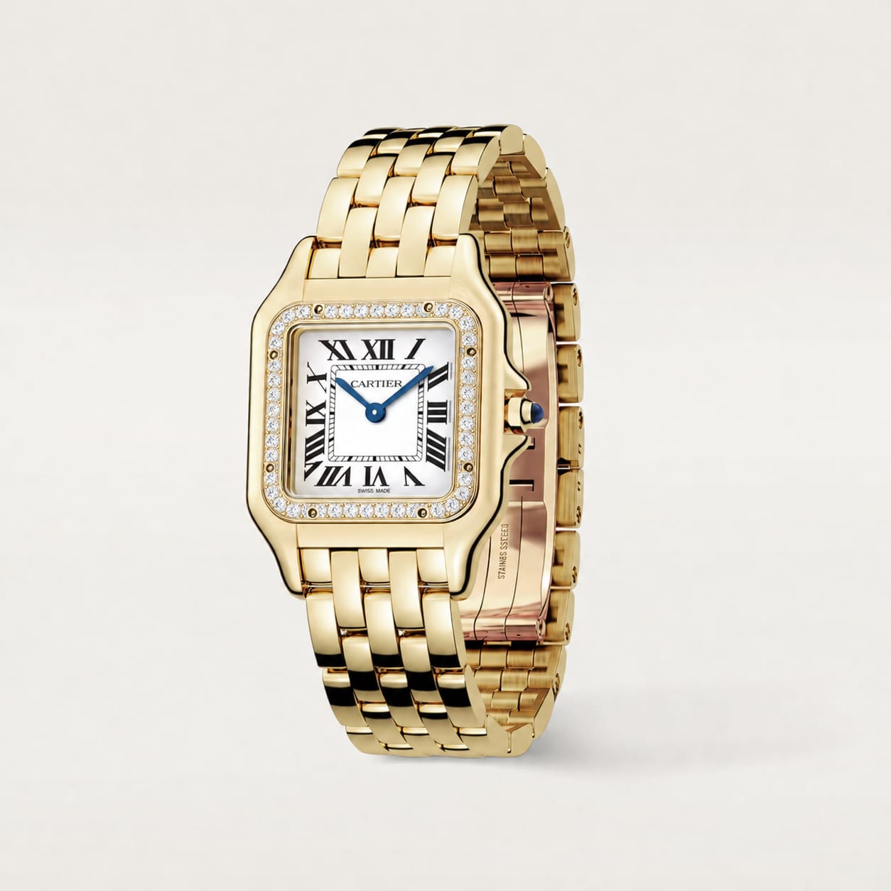 Cartier Panthère-Inspired Women’s Gold-Tone Square Watch with Stone-Set Bezel & White Dial (Medium Case) Dimensions: 36.5 × 26.7 mm