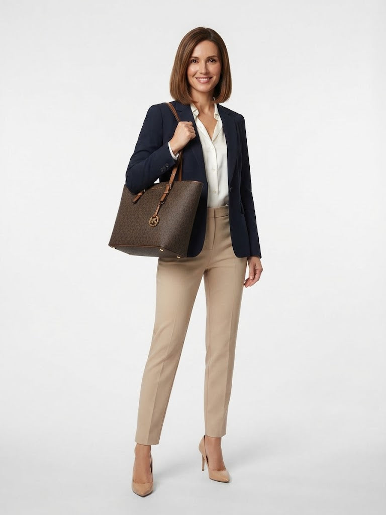 Michael Kors Jet Set Item Medium Pocket Monogram Tote Bag Brown#0053