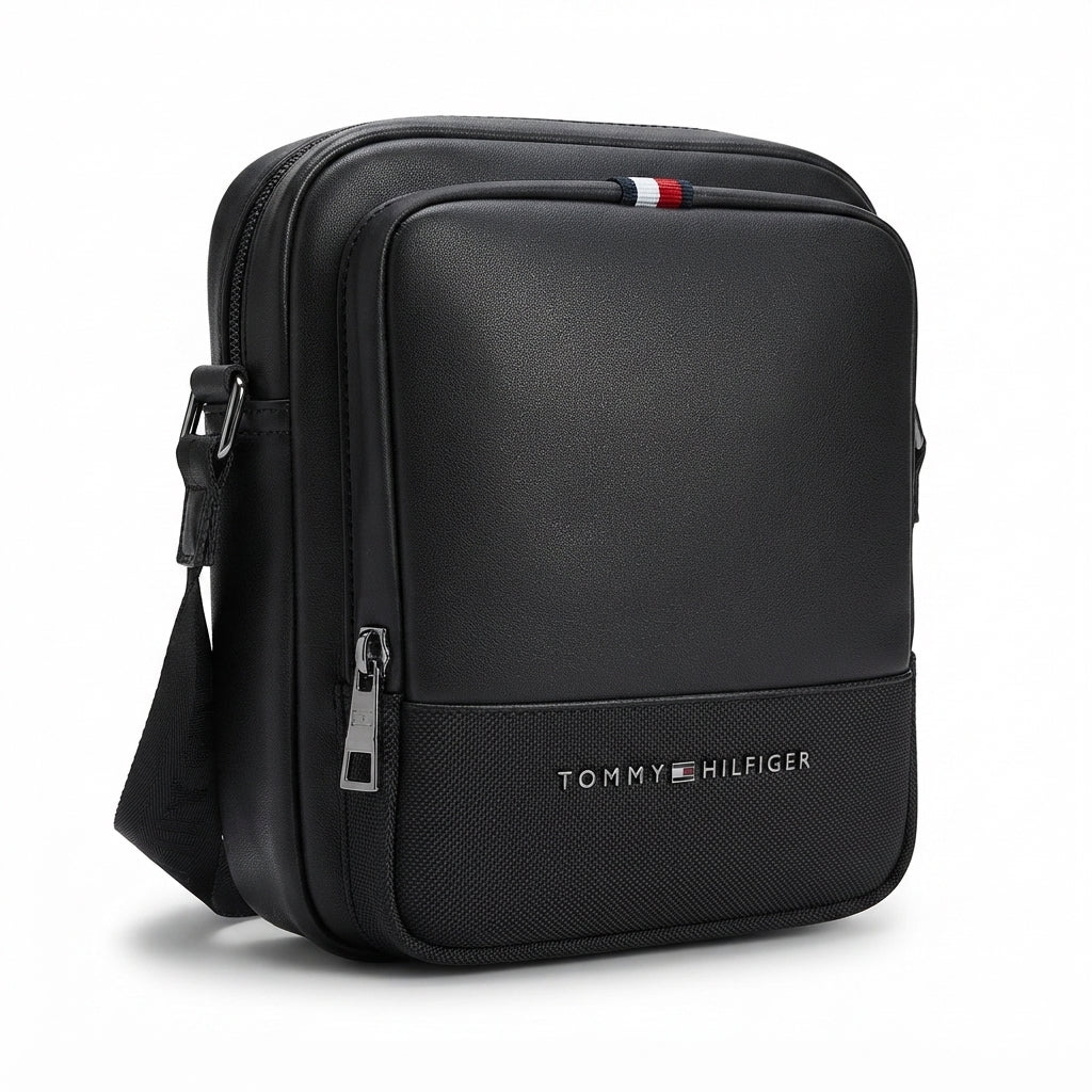 Tommy Hilfiger Men's Black Crossover Messenger Bag with Branded Webbing Strap #0063