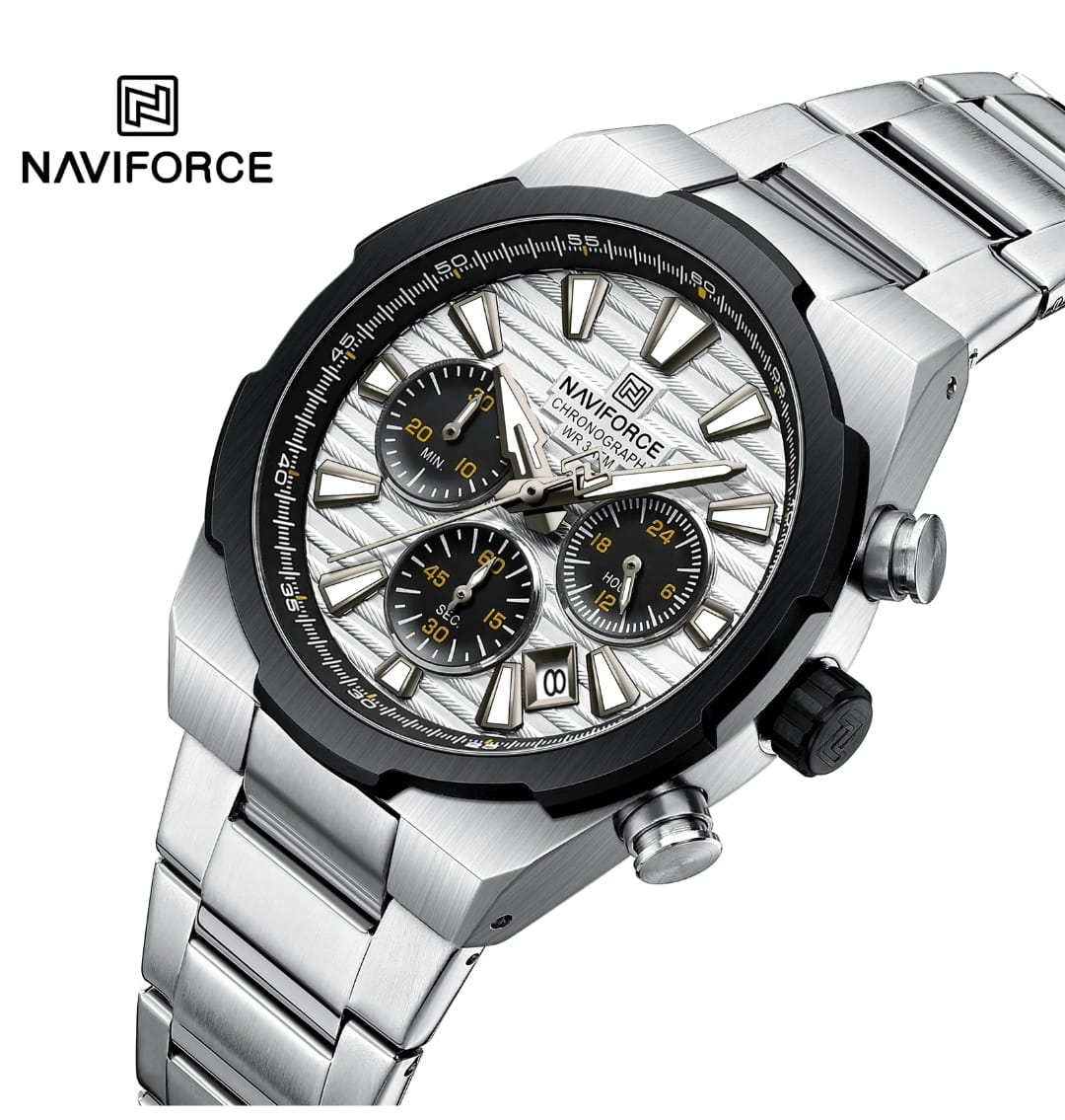 NAVIFORCE NF8081 S/W/S Men's Chronograph Watch, Silver Stainless Steel, White Dial