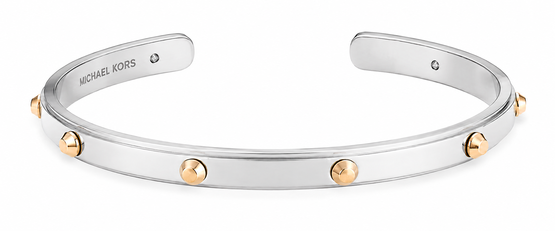Elegant Silver Stainless Steel Open Cuff Bracelet with Gold Stud Accents – Modern Luxury Design#026