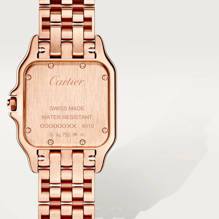 Cartier Panthère-Inspired Women’s Rose Gold-Tone Square Watch with Rhinestone-Set Bezel & White Dial (Medium Case) Dimensions: 36.5 × 26.7 mm