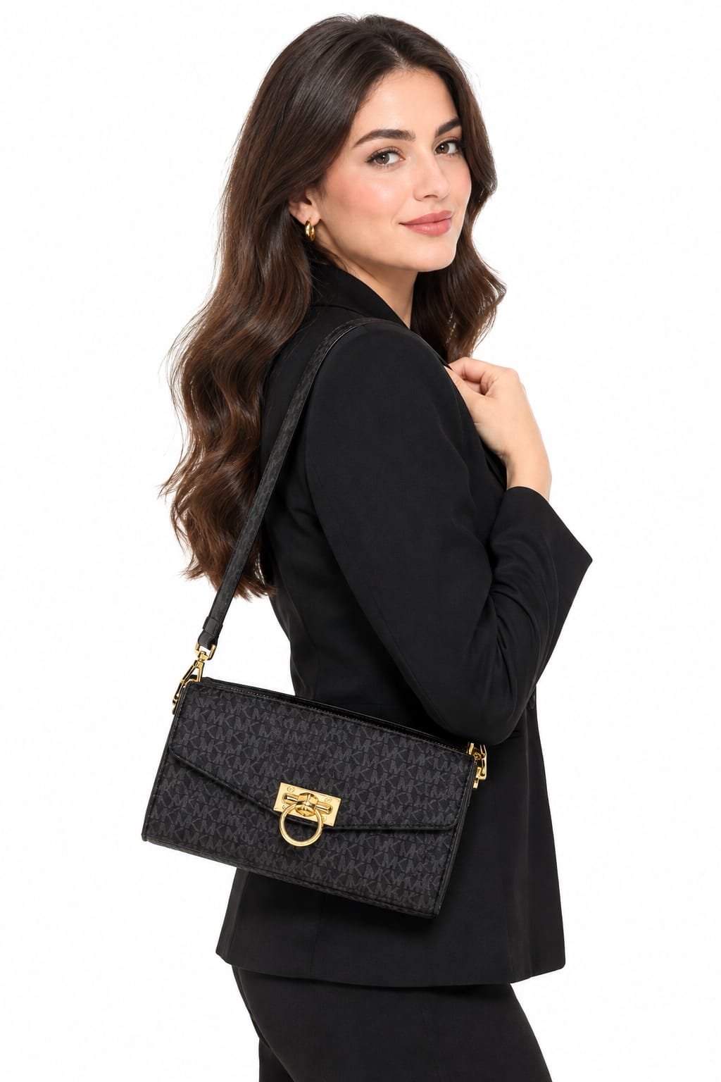 Women’s Black Monogram Crossbody Shoulder Bag with Gold-Tone Hardware#0074
