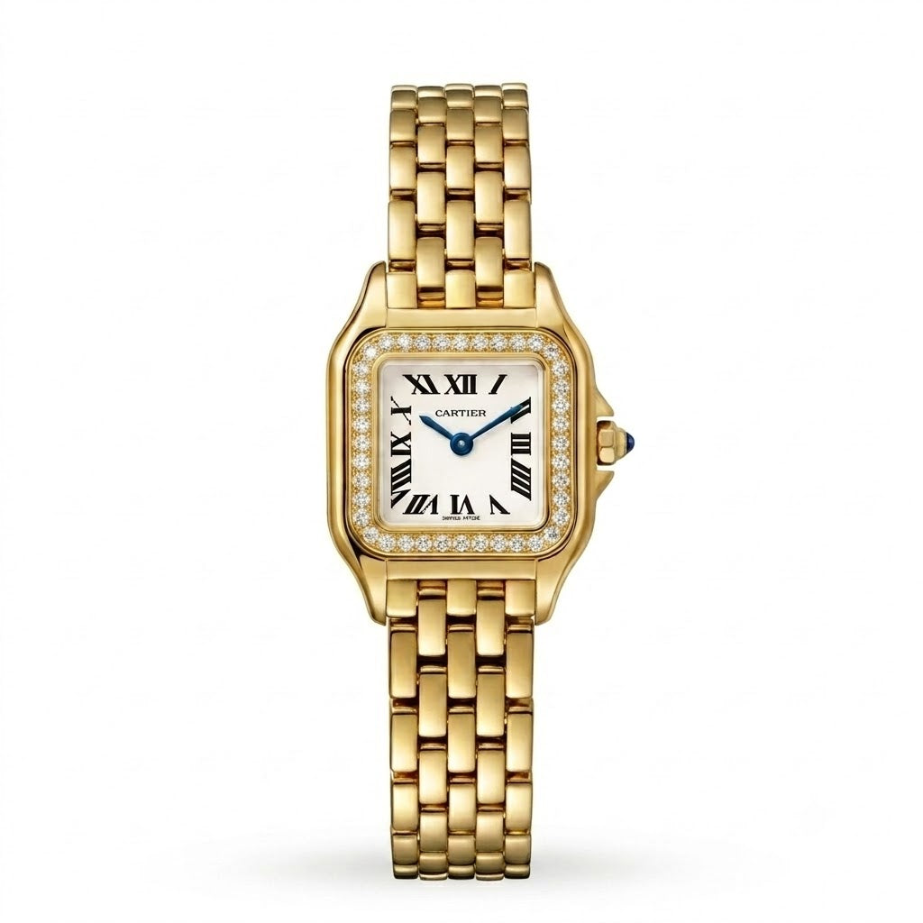 Cartier Panthère-Inspired Women’s Gold-Tone Square Watch with Stone-Set Bezel & White Dial (Extra Small Case) Dimensions: 25.1 × 18.5 mm
