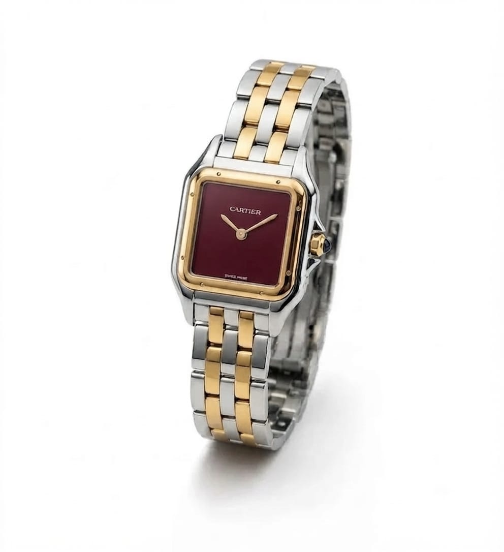 Cartier Panthère-Inspired Women’s Two-Tone Silver & Gold Square Watch with Burgundy Dial (Small Case) Dimensions: 25.1 × 18.5 mm