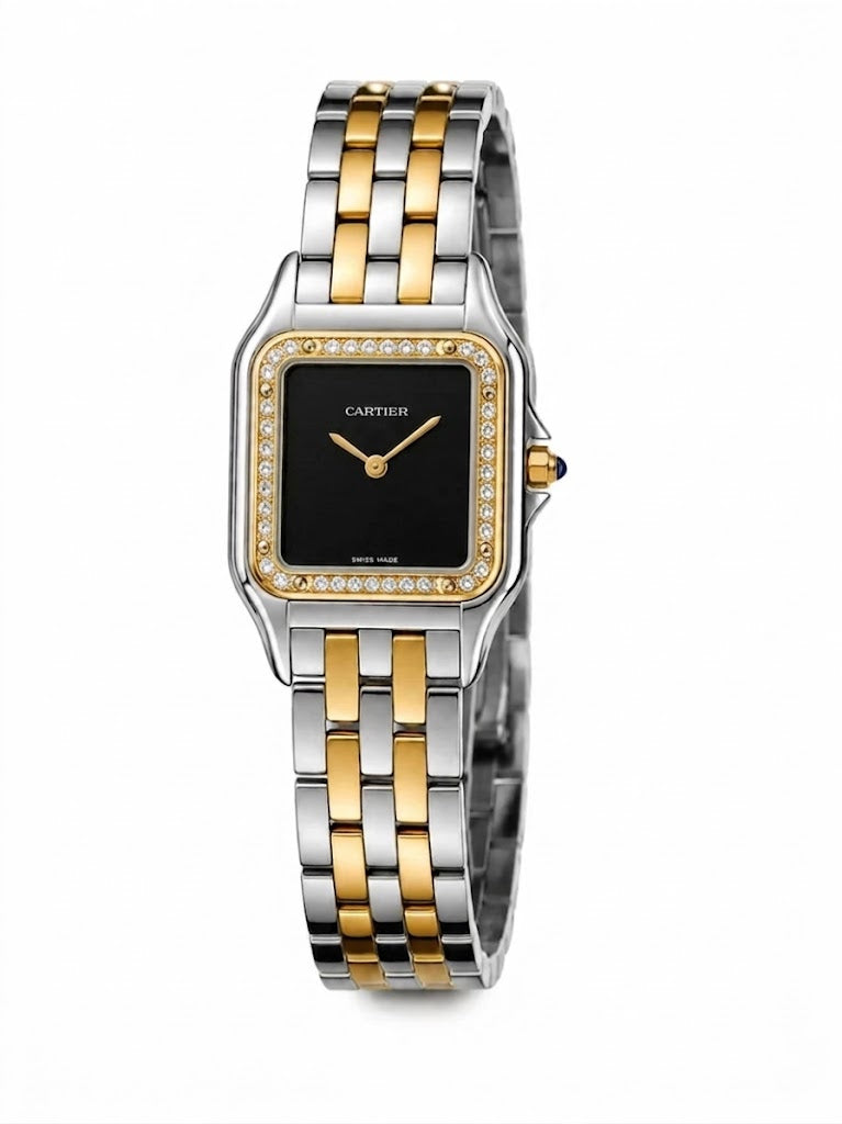 Cartier Panthère-Inspired Women’s Two-Tone Gold & Silver Square Watch with Sparkling Rhinestone-Set Bezel & Black Dial (Medium Case) Dimensions: 36.5 × 26.7 mm