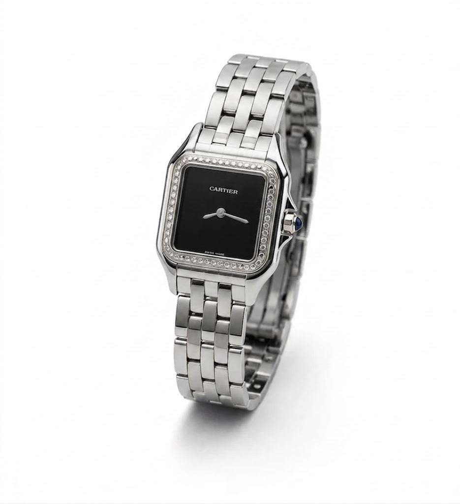 Cartier Panthère-Inspired Women’s Silver-Tone Square Watch with Sparkling Rhinestone-Set Bezel & Black Dial (Small Case) Dimensions: 25.1 × 18.5 mm